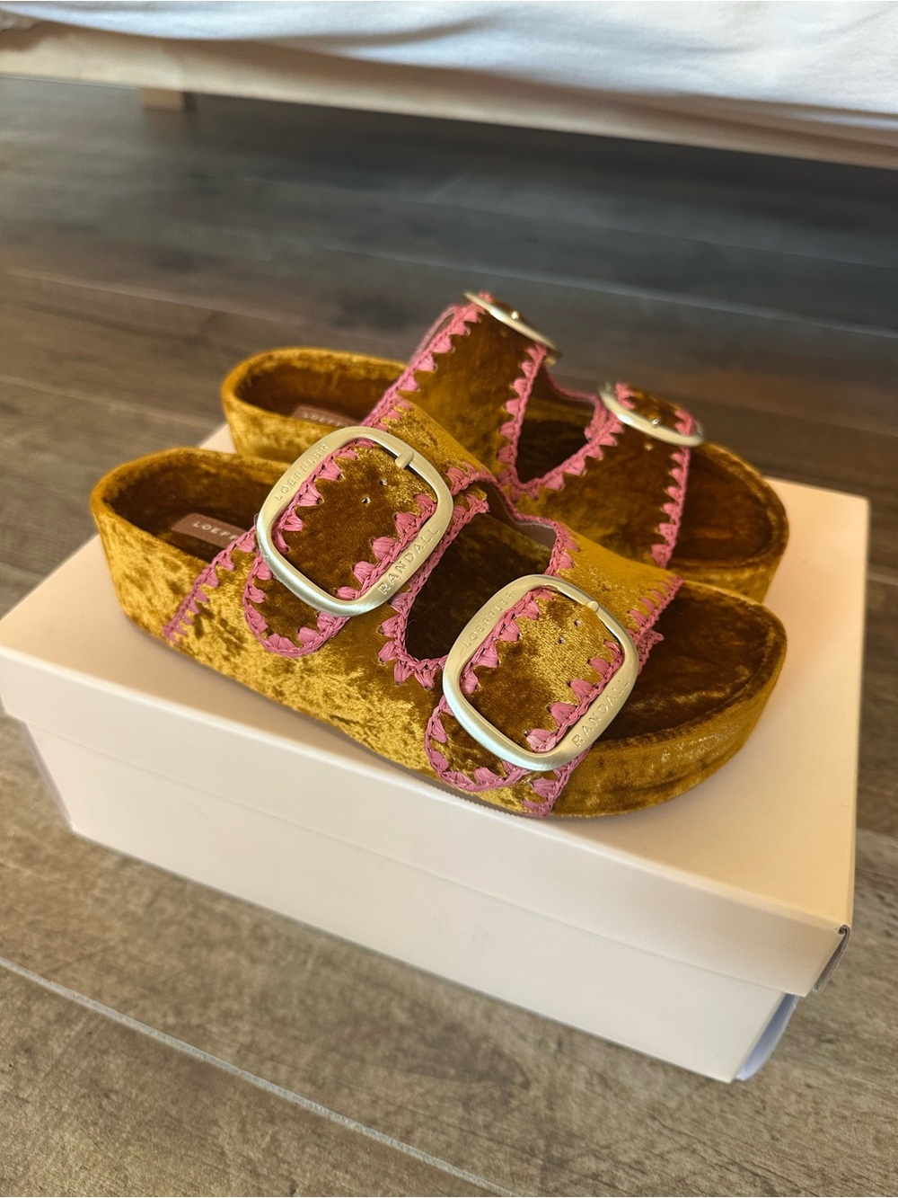 Loeffler Randall Mustard Velvet Slide Sandals with Pink Trim